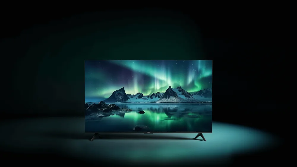 Qorongʻi xonadagi Xiaomi TV A 55 2026 — ekranda qutb yogʻdusi