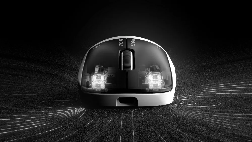 Logitech G PRO X2 SUPERSTRIKE спереди с прозрачными основными кнопками — под ними датчики HITS