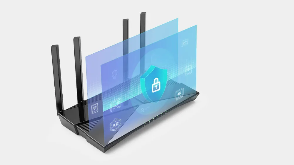 Роутер TP-Link Archer AX53 за полупрозрачным щитом с замком