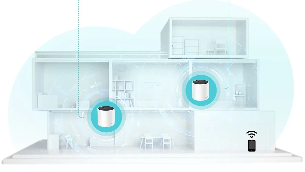 Два модуля TP-Link Deco X55 на разных этажах дома и телефон, который переходит между ними