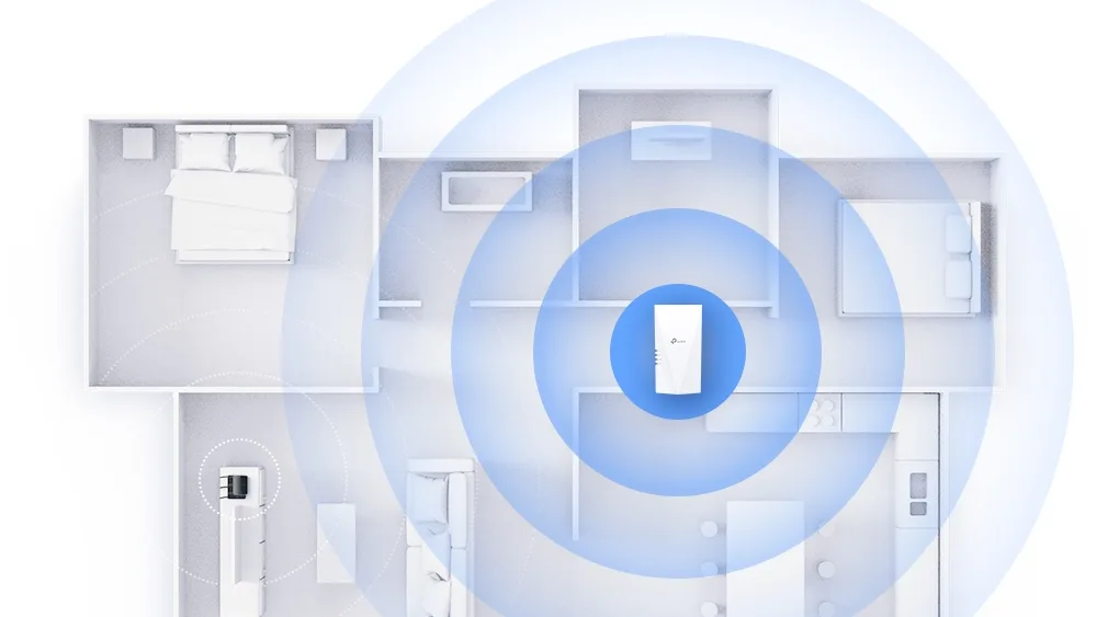 Усилитель TP-Link RE700X в центре плана квартиры и зона его сигнала