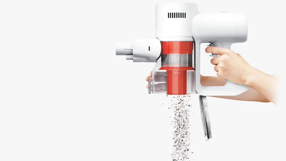 Mijia Vacuum Cleaner 4 C oq fonda: konteyner tugmani bosish bilan ochiladi