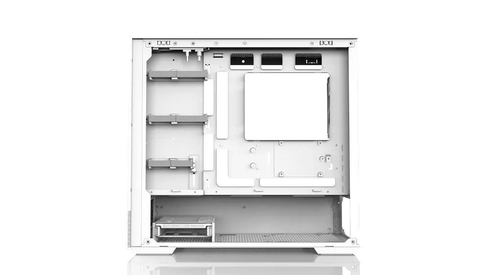 Белый Zalman P30 AIR со стороны поддона — ремешки для кабелей и отсек для дисков внизу