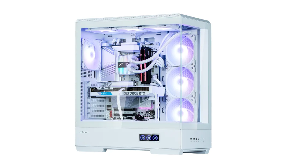 Белый Zalman P50 DS спереди — экран с температурой процессора и видеокарты под стеклом