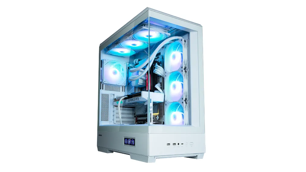 Белый Zalman P50 DS в три четверти — переднее и боковое стёкла без рамки, внутри сборка с подсветкой