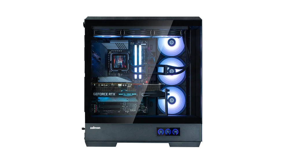 Чёрный Zalman P50 DS сбоку через стекло — видеокарта, жидкостное охлаждение и три вентилятора ARGB