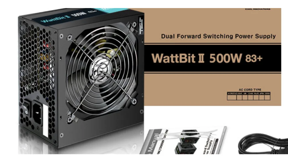 Блок питания Zalman Wattbit II 500 Вт рядом с коробкой