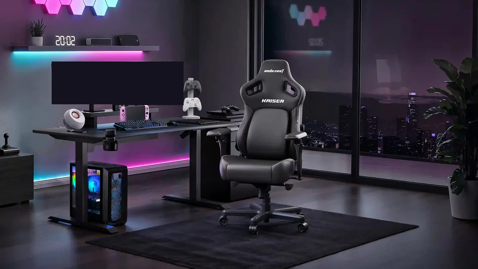 AndaSeat Kaiser 4 kreslosi va AndaSeat Xtreme stoli turgan oʻyin xonasi