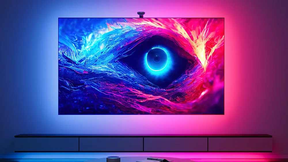 Телевизор на стене с подсветкой Govee TV Backlight T2: голубой и розовый свет вокруг экрана, камера над экраном