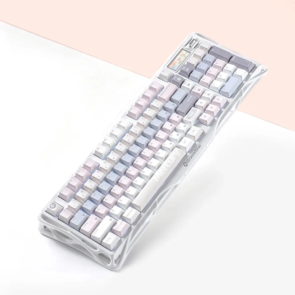 Механическая клавиатура GravaStar Mercury K98 Pastel Whisper в прозрачном корпусе с бело-розовыми и голубыми клавишами